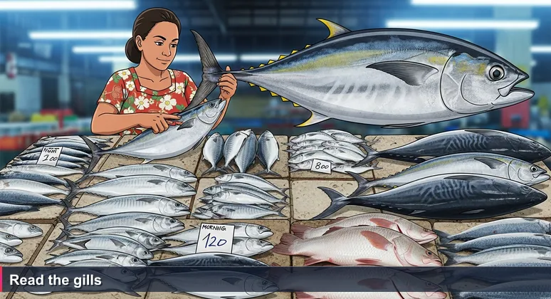 Woman in floral dress checking tuna gills at Honiara's Point Cruz fish market, symbolizing looking beyond surface value