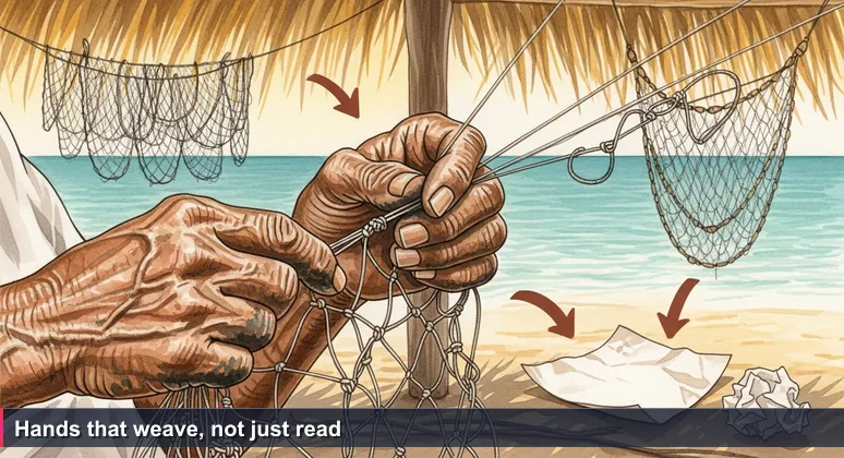 Close-up of an elderly Solomon Islander's weathered hands weaving a fishing net under a thatched shelter by the sea. A crumpled paper with instructions lies beside the net, ignored.
