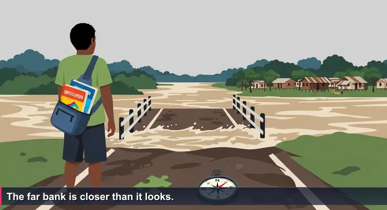 A young Solomon Islander standing on a muddy riverbank on Guadalcanal, staring across a swollen river to a market on the far side, representing the gap between ambition and a tech career.