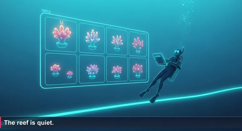 A scuba diver hovers over a coral transect line, clipboard in hand, counting tiny new coral nubbins on a reef in Solomon Islands. The image symbolizes patient observation of fragile new growth.