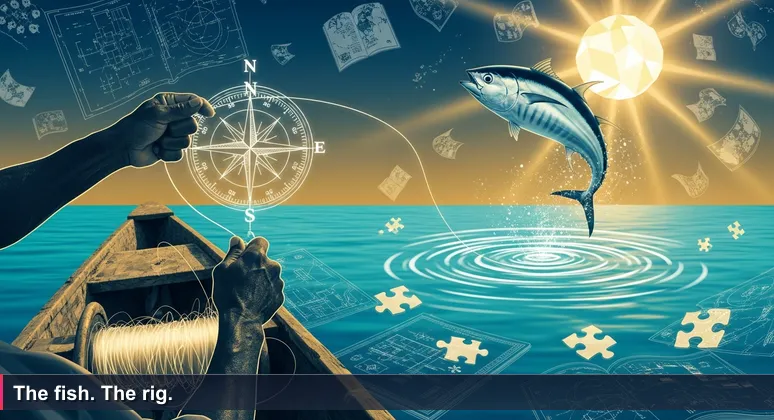 Low-angle view from inside a wooden canoe: a skipjack tuna leaps against morning sun above turquoise sea; a fisherman's hands grip a frayed handline, Honiara coastline distant.