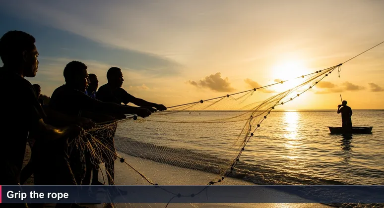 Dawn at a Solomon Islands shoreline with a dozen hands gripping a fishing net, symbolizing collective effort in AI community building.