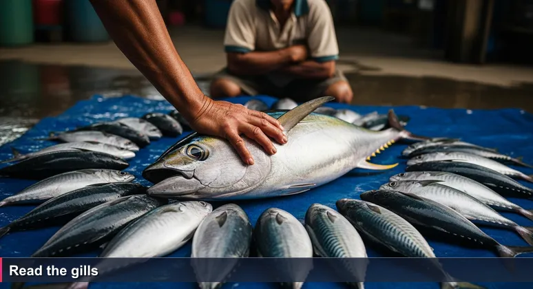 Hand of a buyer pressing the gill of a yellowfin tuna on a blue tarp at Honiara fish market, vendor watching.