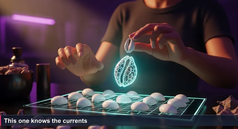 A vendor at Honiara central market holds a chipped cowrie shell up to the light, smiling, surrounded by piles of shiny shells. She teaches the value of judging by experience, not appearance.