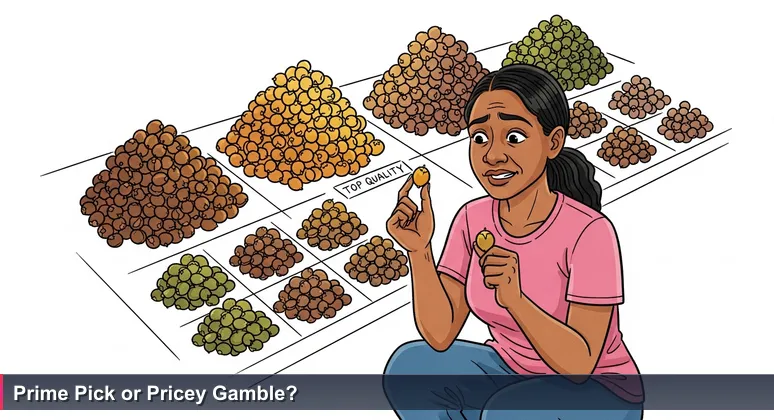 A young Solomon Islander woman at Honiara Central Market examines a betel nut, deciding which pile to buy, metaphor for choosing an AI bootcamp.