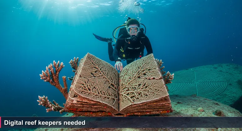 A diver in turquoise waters off Honiara examines broken coral near the reef edge, symbolizing the need for cybersecurity professionals to protect Solomon Islands' digital shores.
