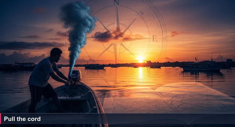 A man on a wooden dinghy at dawn in Honiara harbour, gripping an outboard motor starter cord, pulling hard with frustration as blue smoke drifts.