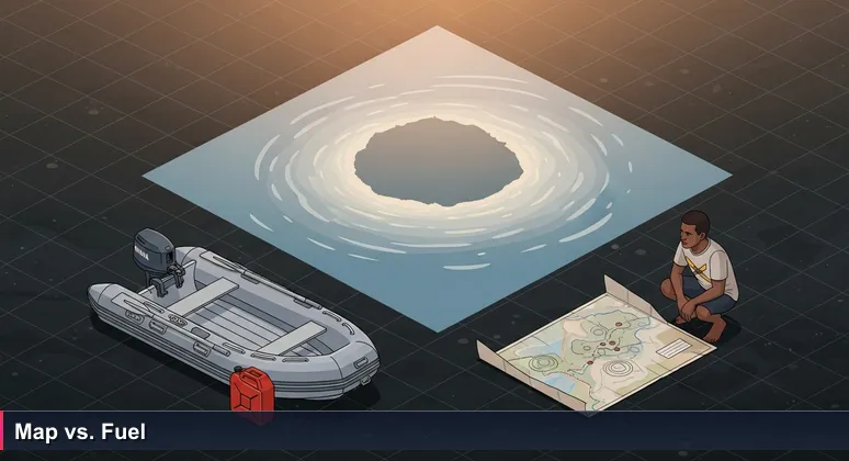 A young Solomon Islander man in a dinghy at dawn, holding a crumpled map and looking toward the horizon, with a half-full fuel tank beside him.