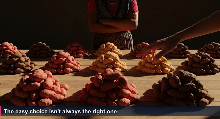 A hand hovering between two piles of sweet potatoes at Honiara Central Market, one large and uniform, one small and knobbly, with a woman seller watching.