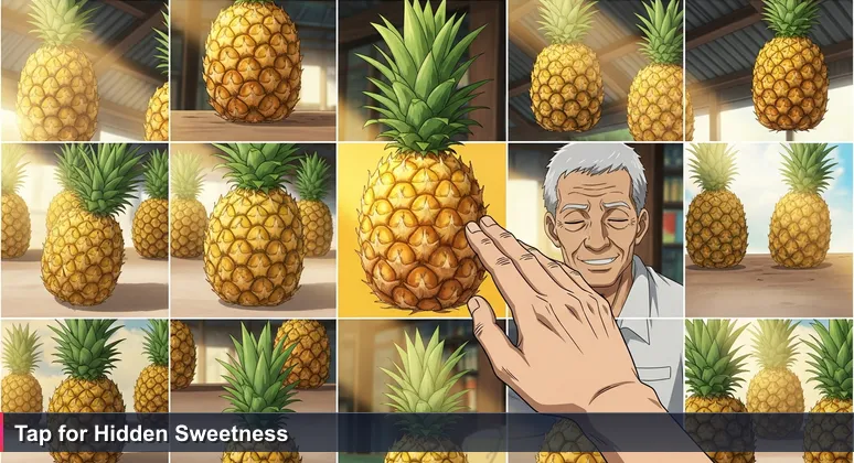 A weathered hand gently tapping a pineapple at Honiara Central Market, sunlight streaming through corrugated roof with dust motes, symbolizing finding hidden value in tech jobs without degrees.