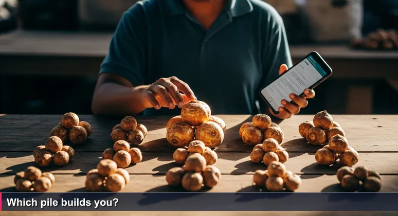 Young Solomon Islander at Honiara Central Market, smartphone showing job listing, hand hovering over two kumara piles