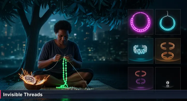 Woman threading beads under a mango tree in Honiara, symbolizing network building in Solomon Islands tech