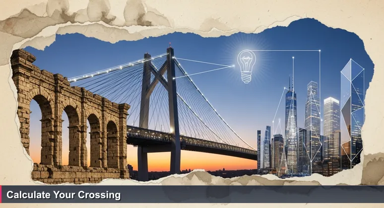 A modern bridge at dusk linking historic Luxembourg City to Kirchberg's skyscrapers, symbolizing the tech career bridge between stability and innovation.