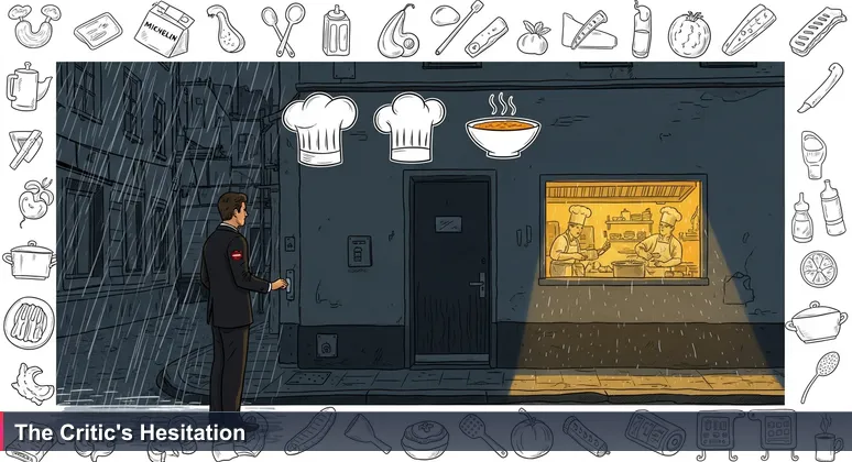 A Michelin inspector in Luxembourg City hesitates at a restaurant door in the rain, symbolizing the discerning selection of AI startups based on local context and innovation mastery.