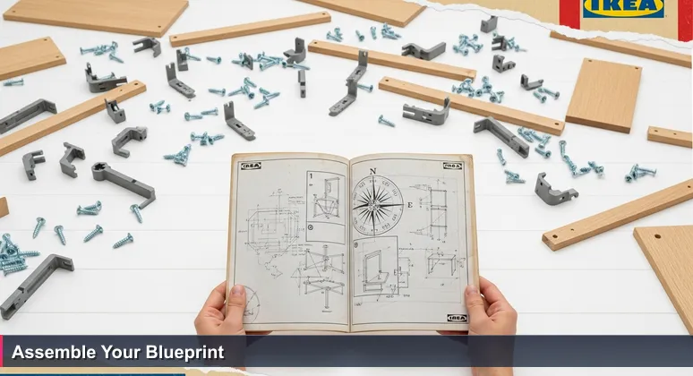 Hands holding an instruction manual with assembly parts scattered on a white floor, symbolizing the complexity of funding tech training in Luxembourg.