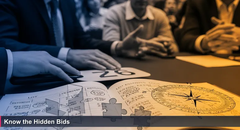 A tense art auction scene with a bidder's hand resting calmly on a paddle, an open catalog showing AI salary estimates and handwritten notes for Luxembourg roles.