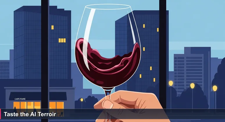 A hand swirling a glass of red wine against the backdrop of Luxembourg's Kirchberg skyline at dusk, symbolizing AI networking events.