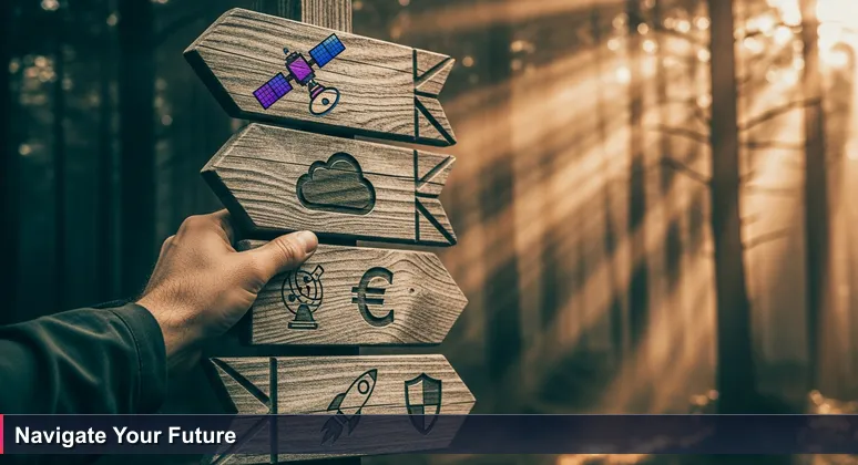 A hiker's hand holds a weathered wooden signpost with icons for tech sectors in a sunlit forest, symbolizing career path choices in Luxembourg.