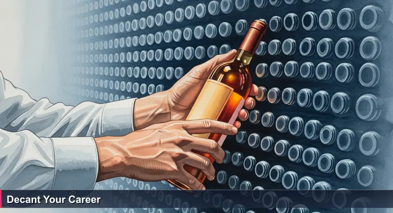 A sommelier's hands carefully selecting a wine bottle in a dim cellar, symbolizing the discerning choice of AI bootcamps for Luxembourg's tech careers.