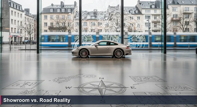 A luxury car showroom in Luxembourg with a gleaming vehicle under bright lights, contrasted against a rainy city street with apartment buildings and a tram outside, symbolizing the allure of tech salaries versus real-life affordability.