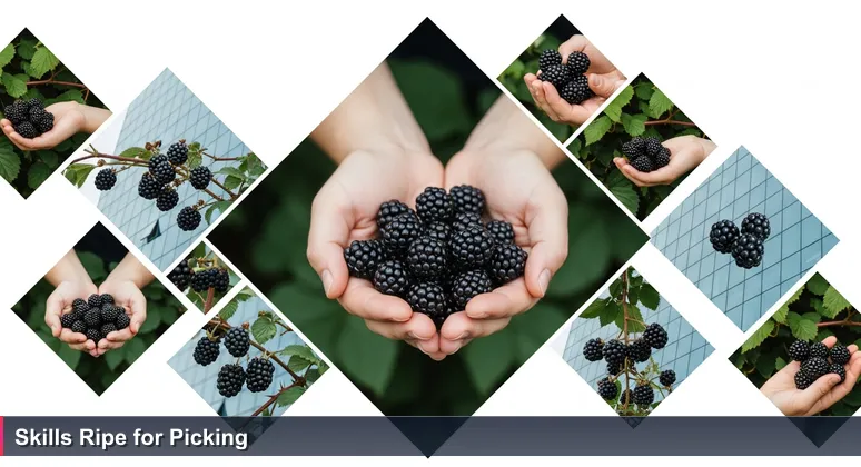 Close-up of hands picking wild blackberries from a bramble against a modern glass building in Kirchberg, representing accessible free tech training in Luxembourg.