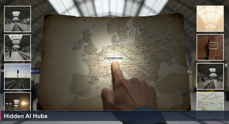 A traveler's hand holds a detailed European rail map at Luxembourg's Gare Centrale, with Luxembourg City highlighted as a central hub and faint lines connecting to various industrial sectors, symbolizing hidden AI job opportunities.