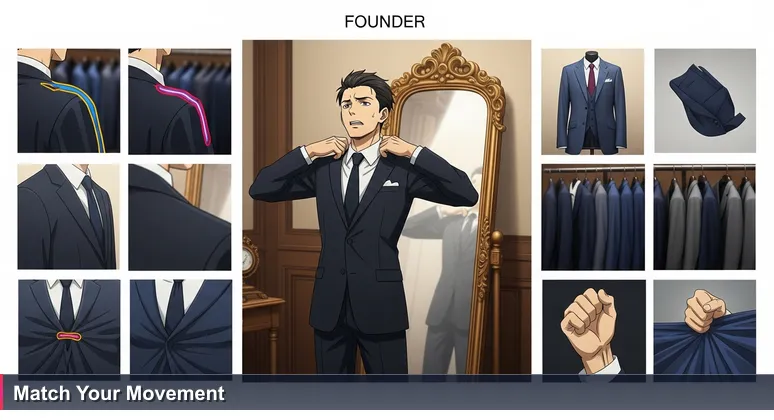 A startup founder in a tailor's fitting room in Luxembourg, wearing a suit that is too tight, symbolizing the mismatch of choosing the wrong coworking space for tech ventures.