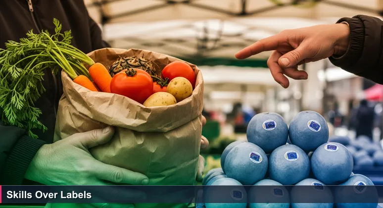 Hands at a Luxembourg City market choosing unlabeled fresh produce over labeled fruit, symbolizing the value of practical skills over formal degrees in tech careers.
