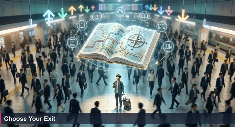 Overhead view of Shinjuku Station at evening rush hour: blurred commuters flow past fluorescent exit signs while a lone young person with a suitcase stands still, looking at a transit app on their phone.