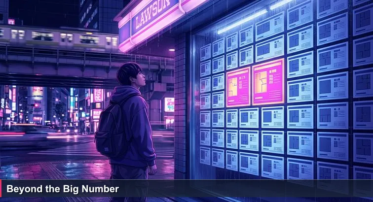 Night outside Shibuya station: an engineer in a hoodie stands under a dripping awning, staring at a lit real-estate window of tiny apartment flyers and red rent numbers.