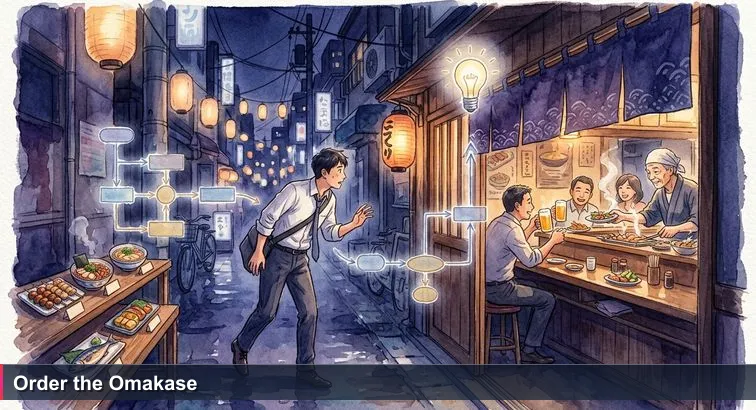 Nighttime Tokyo backstreet with a small izakaya behind a half-drawn blue noren; a young person in office clothes hesitates outside, plastic food models in the window and warm light inside.