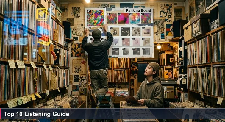 Dusk-lit Shibuya record shop with packed vinyl crates; a clerk on a ladder pins a handwritten 'Top 10' board while a customer stops to read.