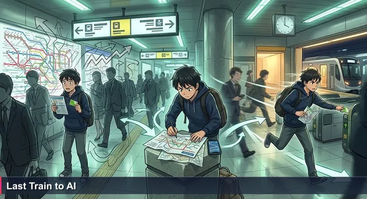Nighttime scene inside Shinjuku Station with a lone commuter hesitating before a tangle of出口 signs and train-line maps, clutching a Suica card and a printed route.