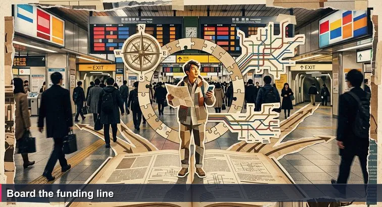 Crowded Shinjuku Station concourse at dusk; a single commuter holds a paper map and phone while others flow toward platforms under electronic signboards.
