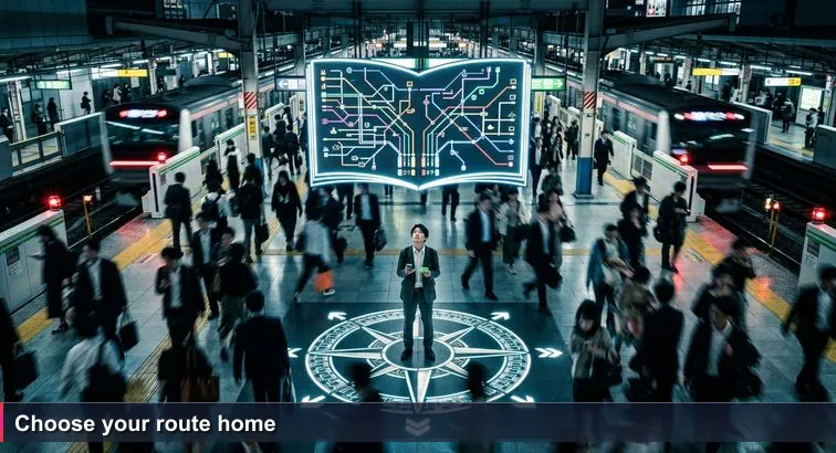 Overhead night view inside Shinjuku Station: crowded commuters under a glowing route map, a lone young professional holding a phone and Suica, weighing three routes.