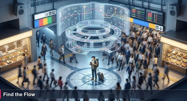 Overhead view of Shinjuku Station at rush hour showing a lone traveler holding a phone map amid flowing commuters, platform signs, and a narrow hidden corridor used by locals.