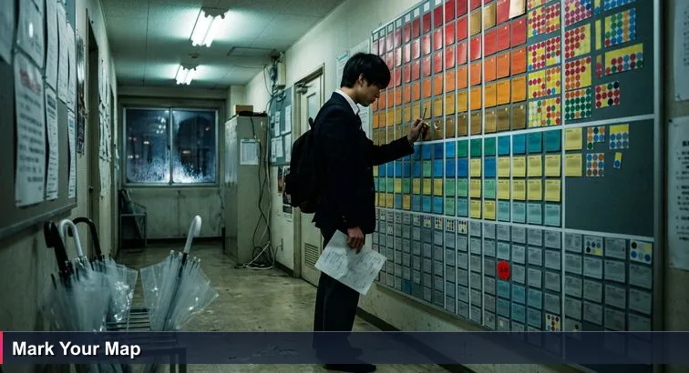 A narrow Shinjuku juku hallway at night with fluorescent lights, umbrellas, and a student studying a large rankings chart, evoking quiet pressure and decision-making.