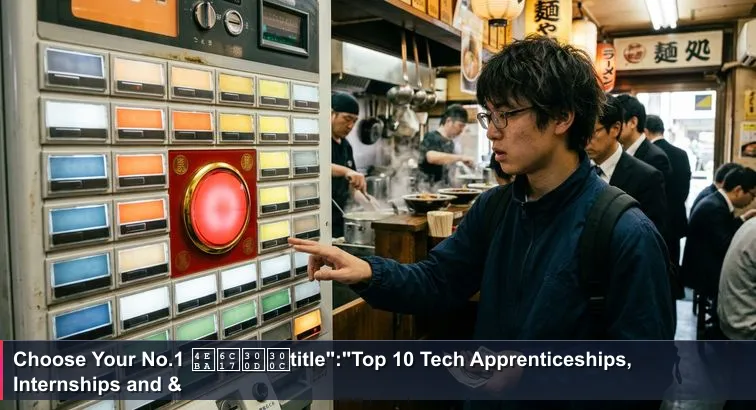 Inside a busy Tokyo ramen shop: a glowing ticket machine with many buttons, some stamped “No.1 人気”, steam from the kitchen, a student hesitating with coins and salarymen behind them.