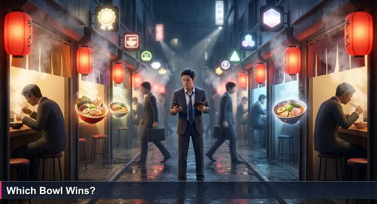 Night-time Tokyo ramen alley with ten glowing shop entrances, many “No.1” signs, steam rising, and a tired office worker holding a phone and wallet looking overwhelmed by choice.