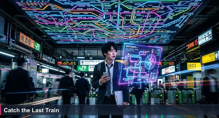 Late-night Shinjuku Station scene: a young job-seeker under a giant route map at 23:47, clutching a resume while commuters rush past and last-train signs flash.