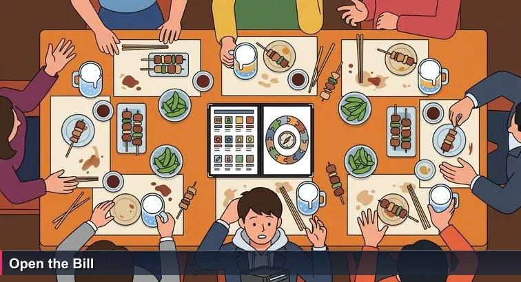 Overhead evening izakaya scene in Shinjuku: sweating beer mugs, skewers and edamame, a black bill folder opened at the center, a young worker staring at the total with a shocked expression.