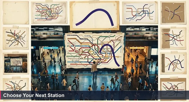 Overhead view of Shinjuku Station concourse on a rainy evening; one commuter pauses before a large colorful train route map while blurred trains and crowds move behind them.
