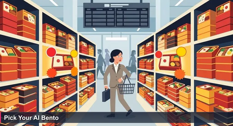 Busy Tokyo Station ekiben shop with shelves of colorful bento boxes, a bright ‘Top 10 Best-Sellers’ sign, a departure board counting down three minutes, and a commuter hesitating.