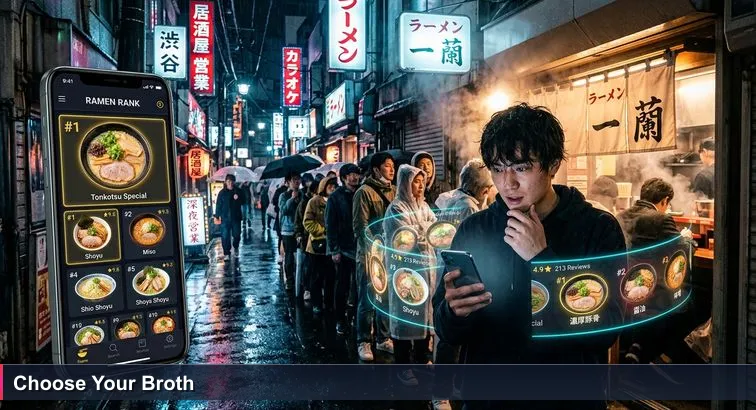 Nighttime Shibuya alley with a line outside a ramen shop; a young engineer in a hoodie holds a phone showing a “Top 10” list while steam and neon reflect on wet pavement.