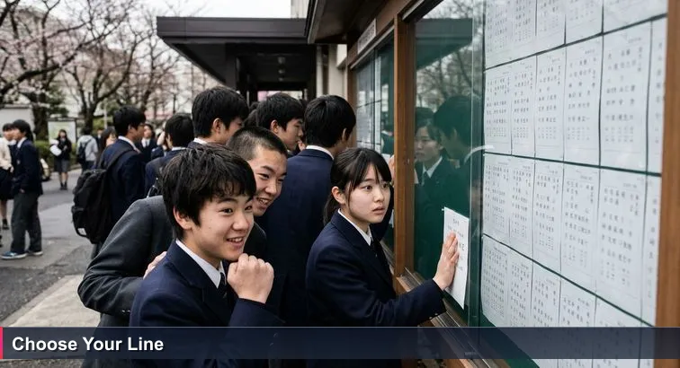 Students crowd a Tokyo high school bulletin board on a gray March morning, scanning exam result sheets; one student celebrates while another scans blank space, symbolizing career choices.