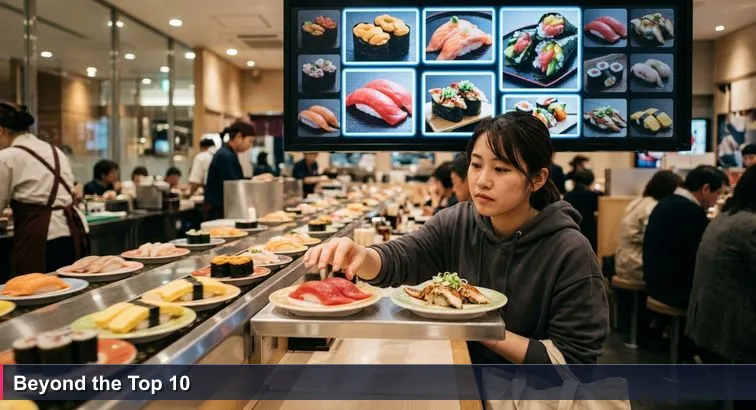 Inside a busy kaiten-zushi near Shibuya: conveyor belt with ranked “Top 10” screen above, a young developer hesitating between a safe tuna plate and an unlabelled seasonal plate.