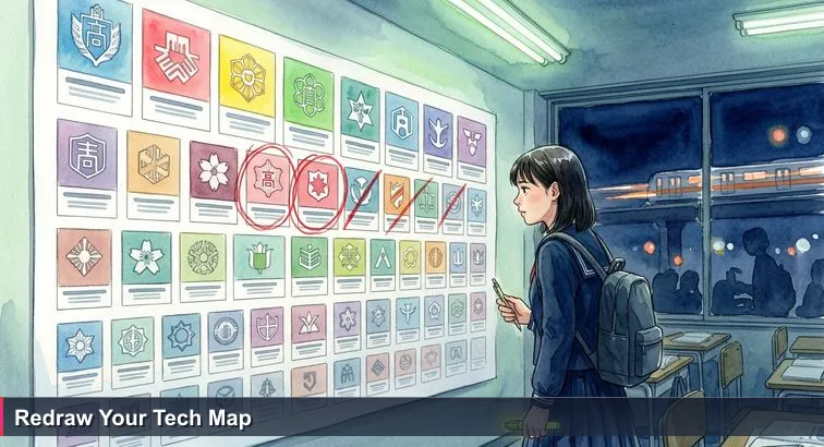 A high-school girl in a Tokyo juku classroom studies a wall-sized hensachi ranking poster at night, window reflection showing passing trains, fluorescent lights buzzing.