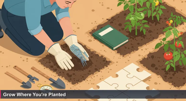 A determined gardener in a Springfield community garden at dusk, testing soil moisture with gloved hands. A healthy tomato plant grows beside a discarded gardening book on dry ground.