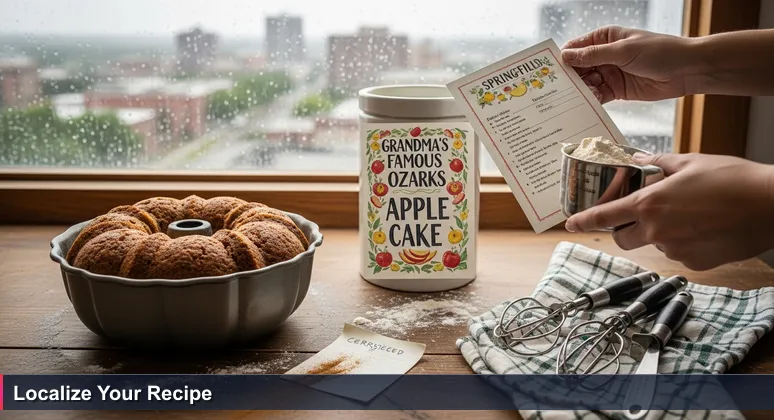 A Springfield kitchen counter with a sunken apple cake and recipe card, with the city skyline outside, symbolizing adjusting AI career plans for local conditions.