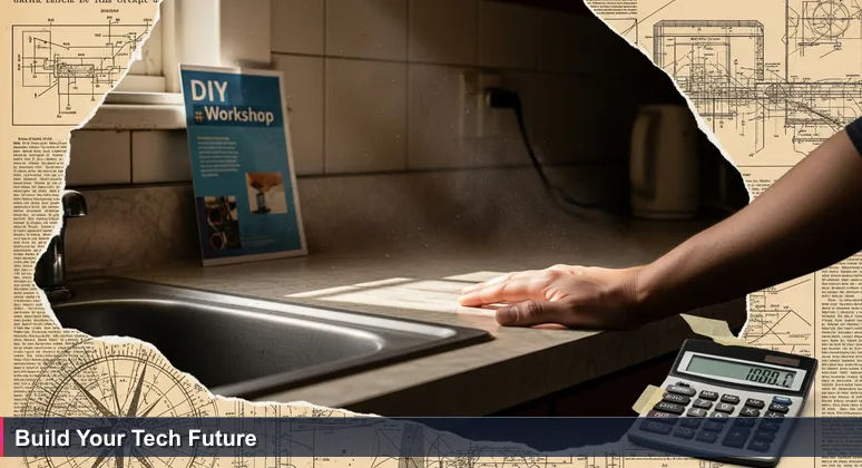 A hand on worn kitchen countertops with a calculator showing a large cost and a brochure for tech training, symbolizing the challenge and hope of funding education in Springfield, MO.